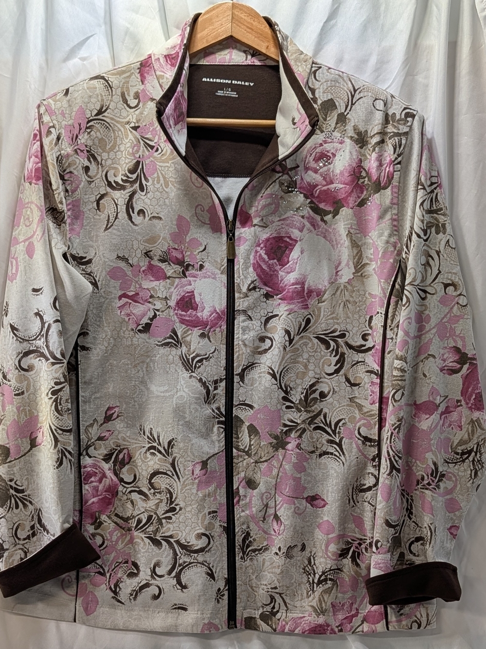 Allison Daley Women's Pink Floral & Brown Trim w/Sequins Zip Front Jacket Size L